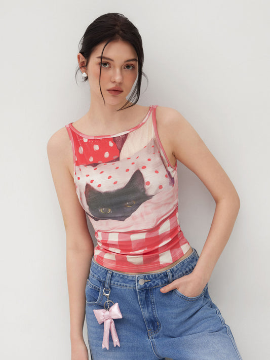CIDER Cotton-blend Cat Graphic TANK TOP