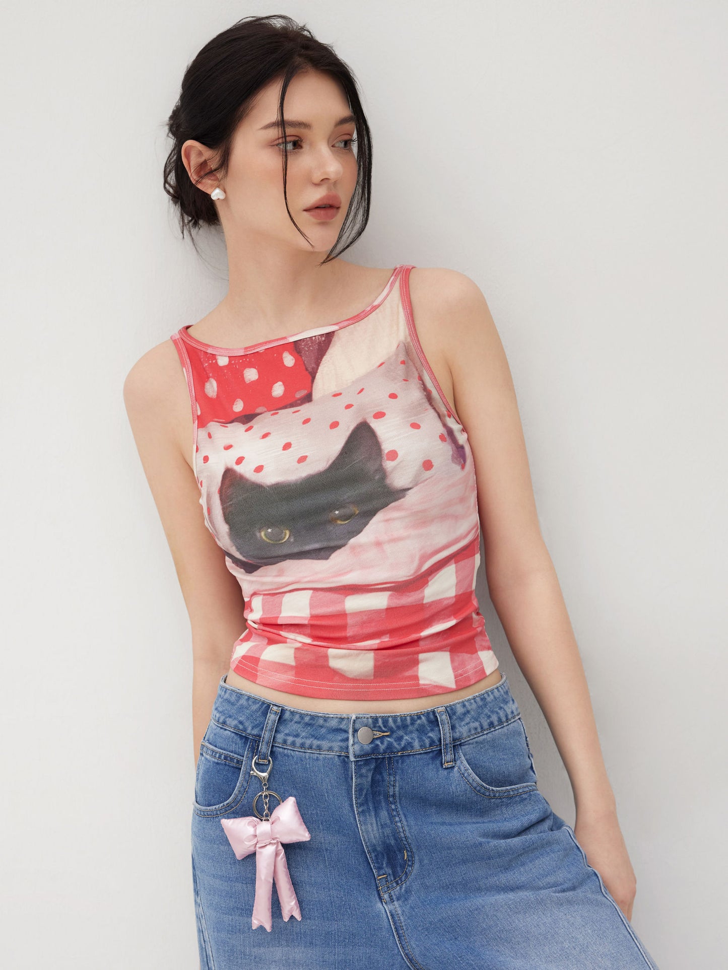 CIDER Cotton-blend Cat Graphic TANK TOP