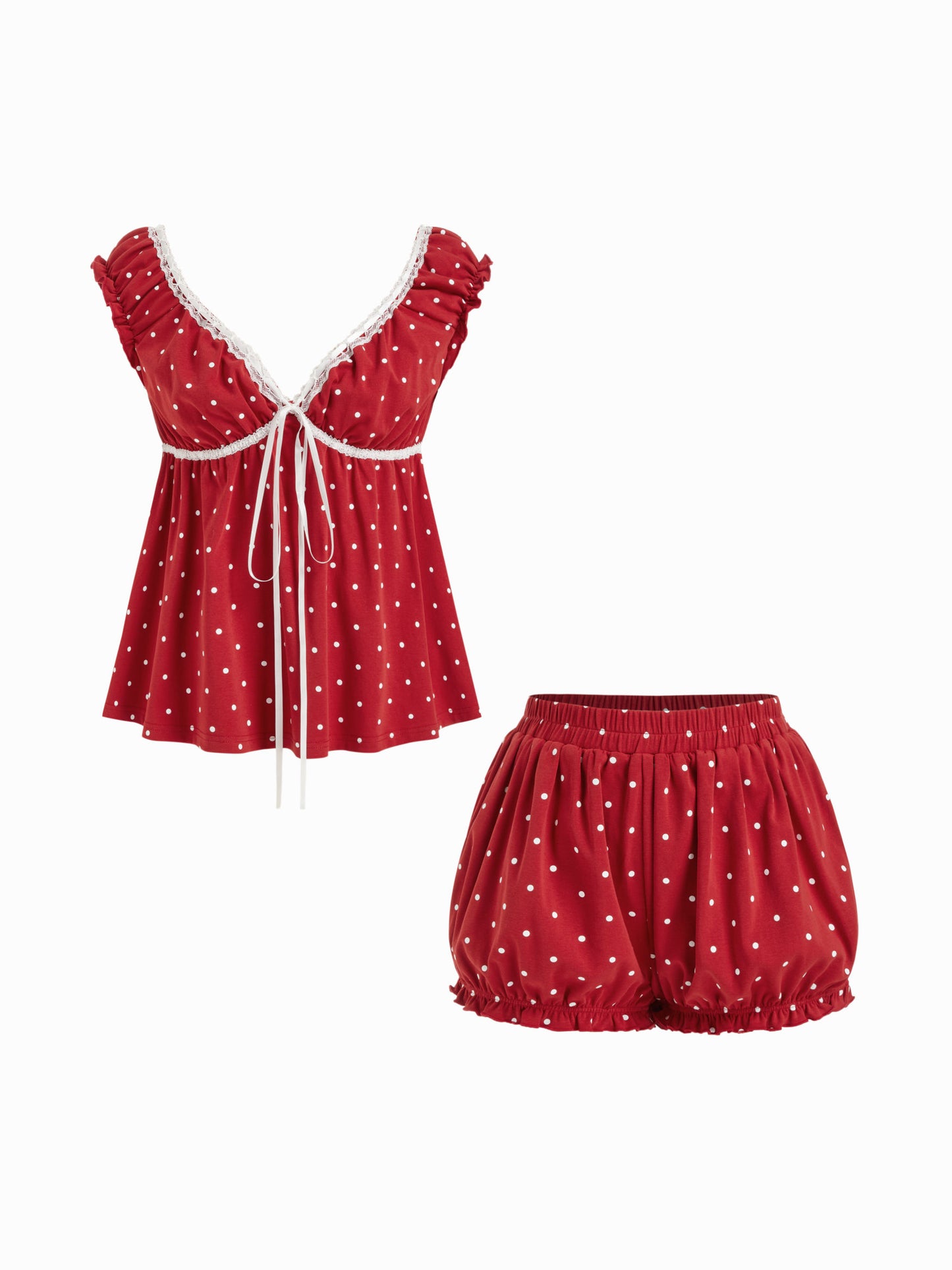 CIDER Cotton Polka Dot Bowknot Top & Mid Rise Shorts Loungewear Set