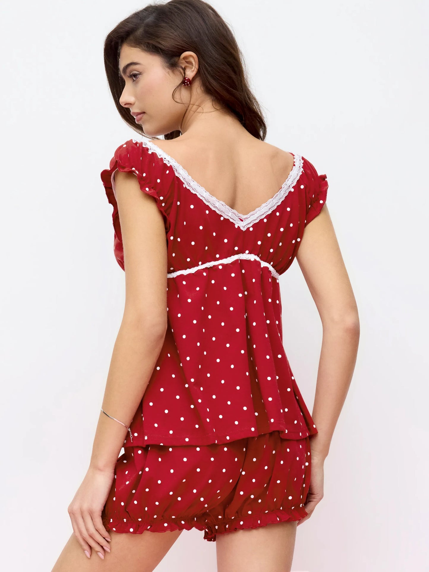 CIDER Cotton Polka Dot Bowknot Top & Mid Rise Shorts Loungewear Set