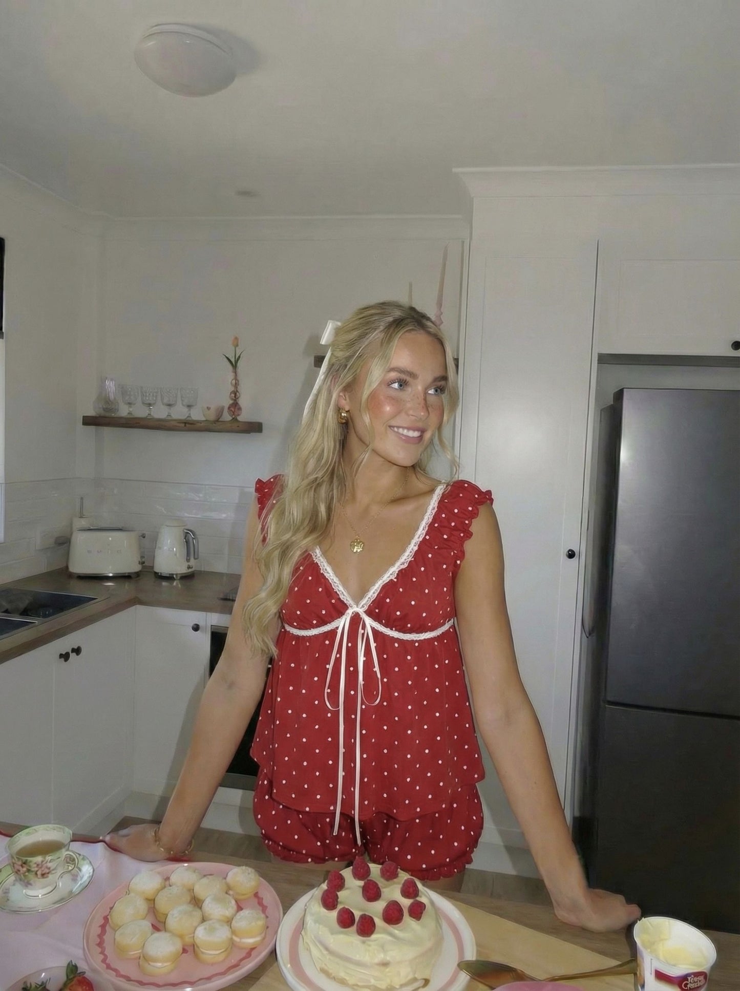 CIDER Cotton Polka Dot Bowknot Top & Mid Rise Shorts Loungewear Set