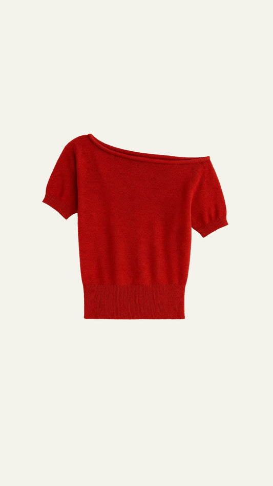 RED SHORT SLEEVE HALF SHOULDER TOP