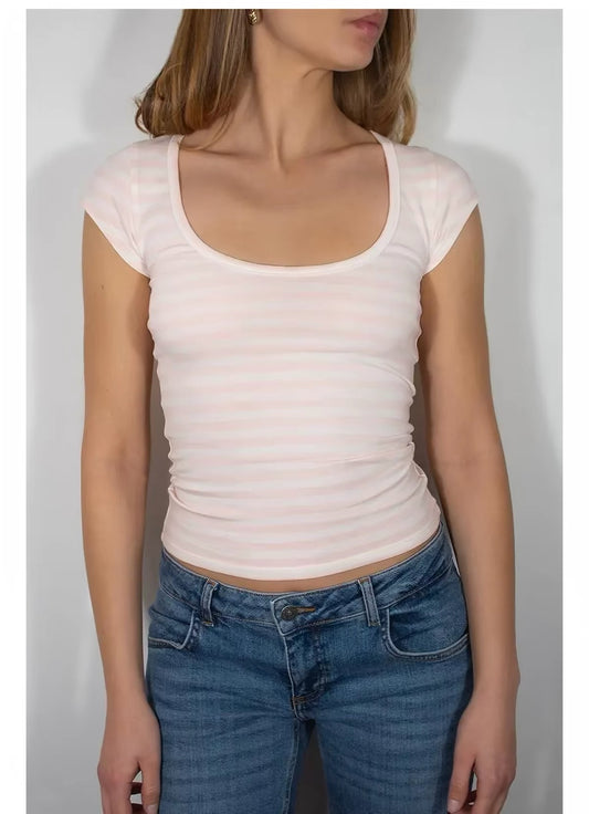 SUBDUED U-Neck Stripe Top - Pink White Stripe