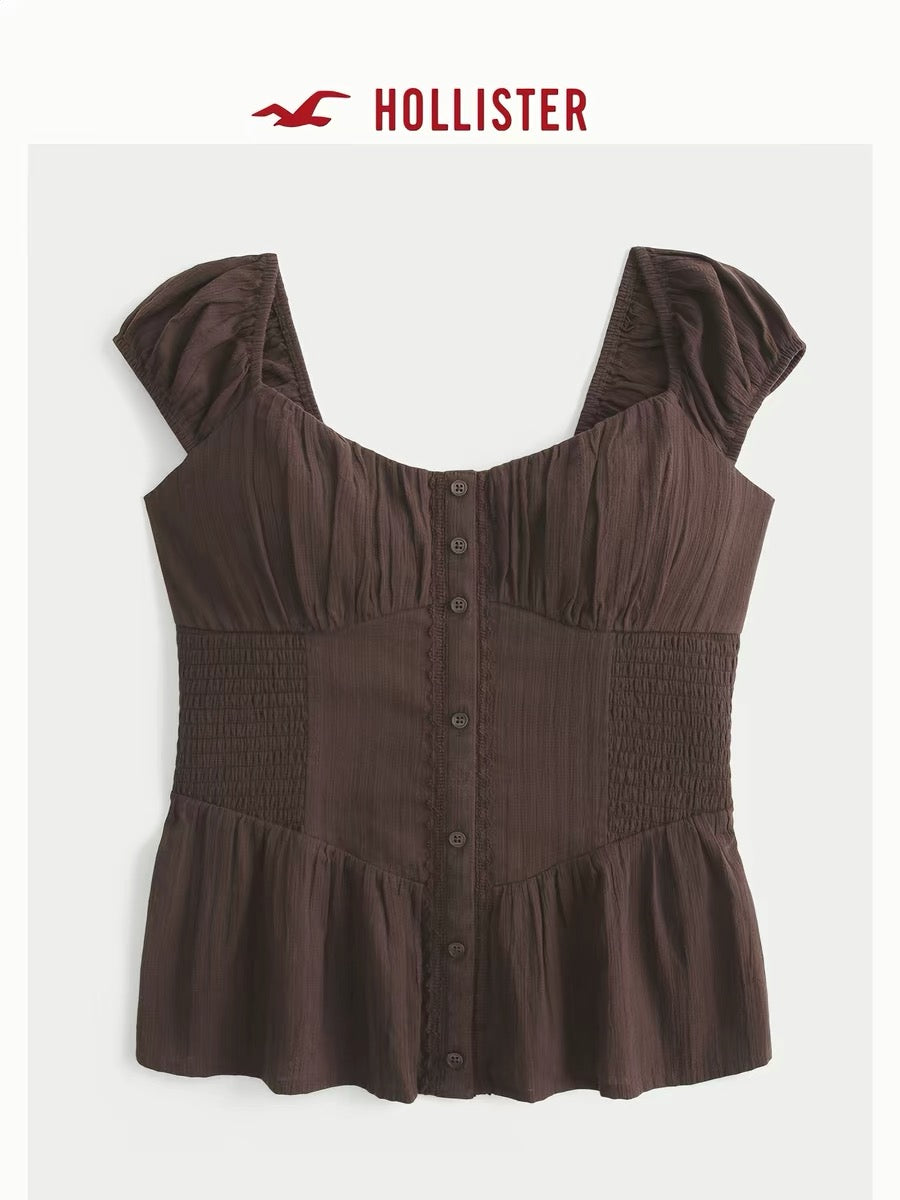 Hollister Brown Button Puff Top