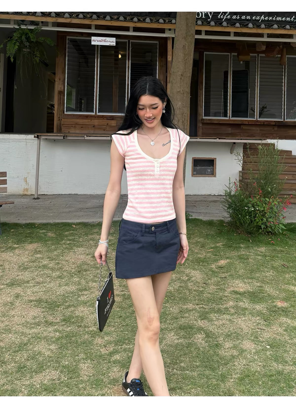 AUD V-Neck Striped Short Sleeve Top - Pink