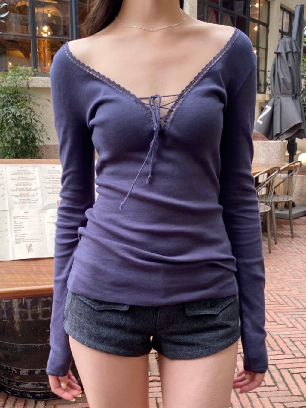 BRANDY Tania V-Neck Lace Top- LONG SLEEVE  -NAVY