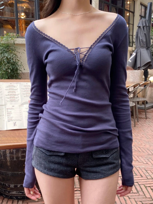 BRANDY Tania V-Neck Lace Top- LONG SLEEVE  -NAVY
