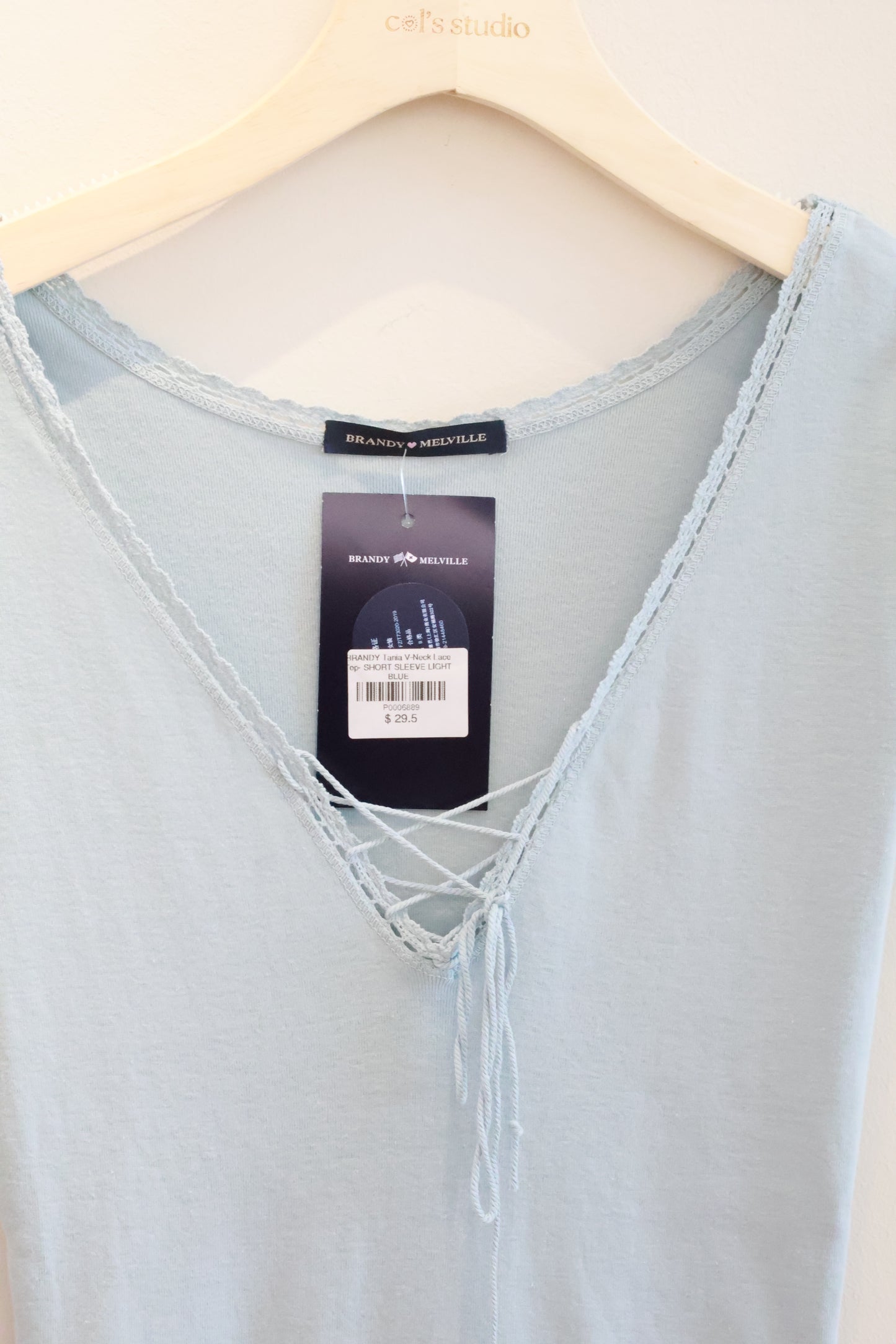 BRANDY Tania V-Neck Lace Top- SHORT SLEEVE  -LIGHT BLUE