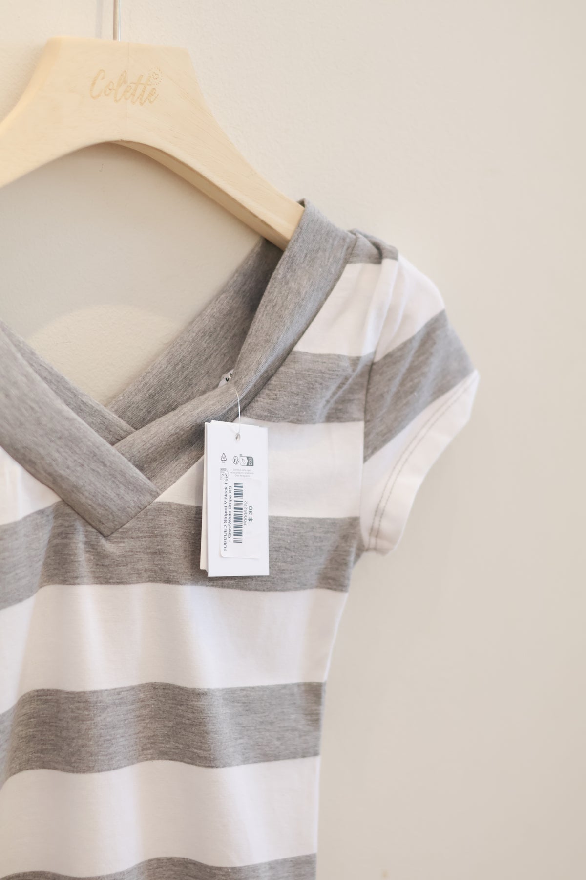 SUBDUED Striped V-Neck Tee - Grey/White Stripe