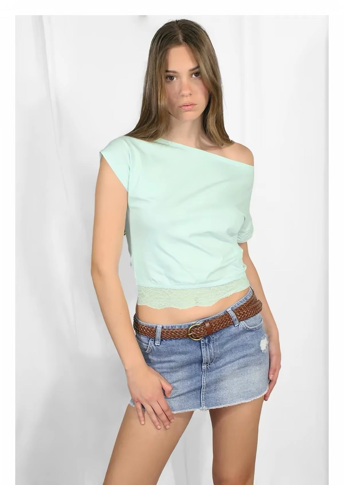 SUBDUED TEAL HALF SHOULDER Neck Top