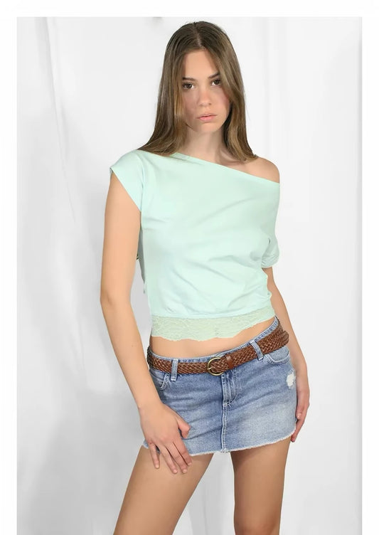 SUBDUED TEAL HALF SHOULDER Neck Top