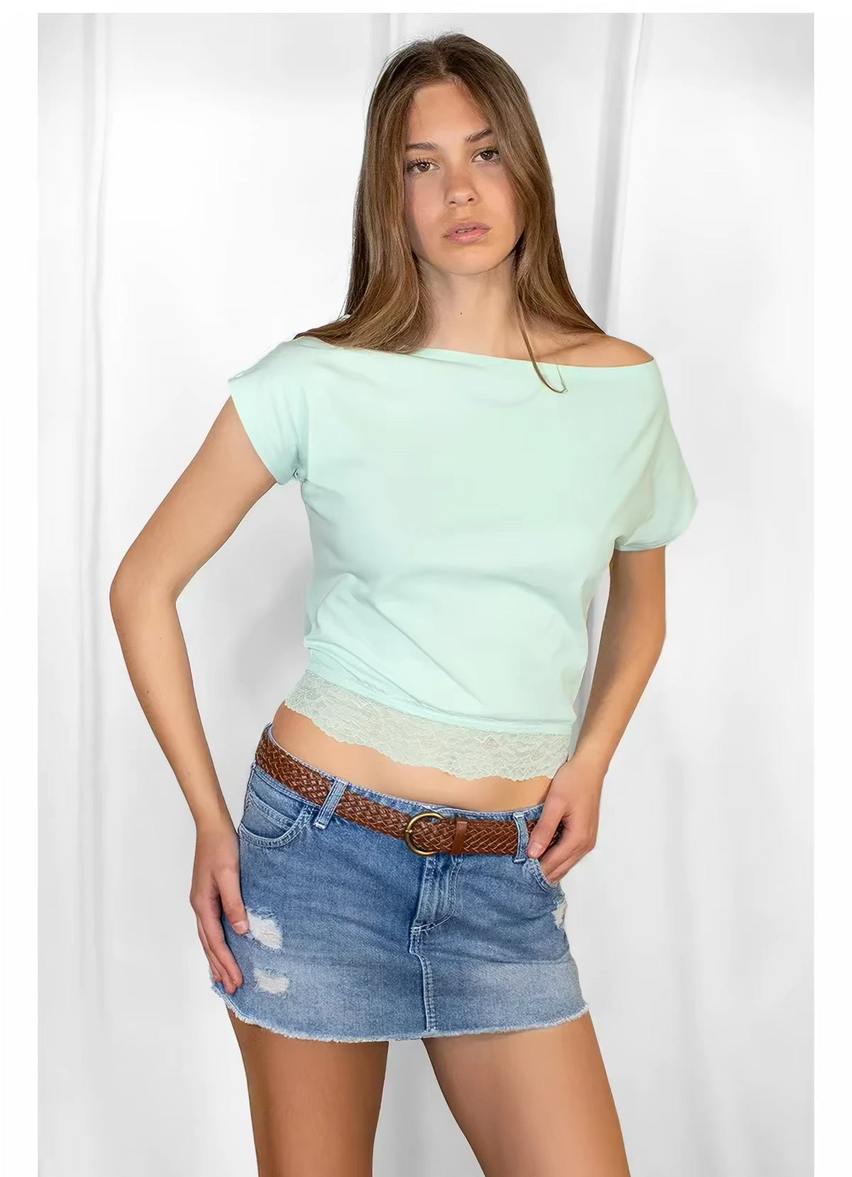SUBDUED TEAL HALF SHOULDER Neck Top