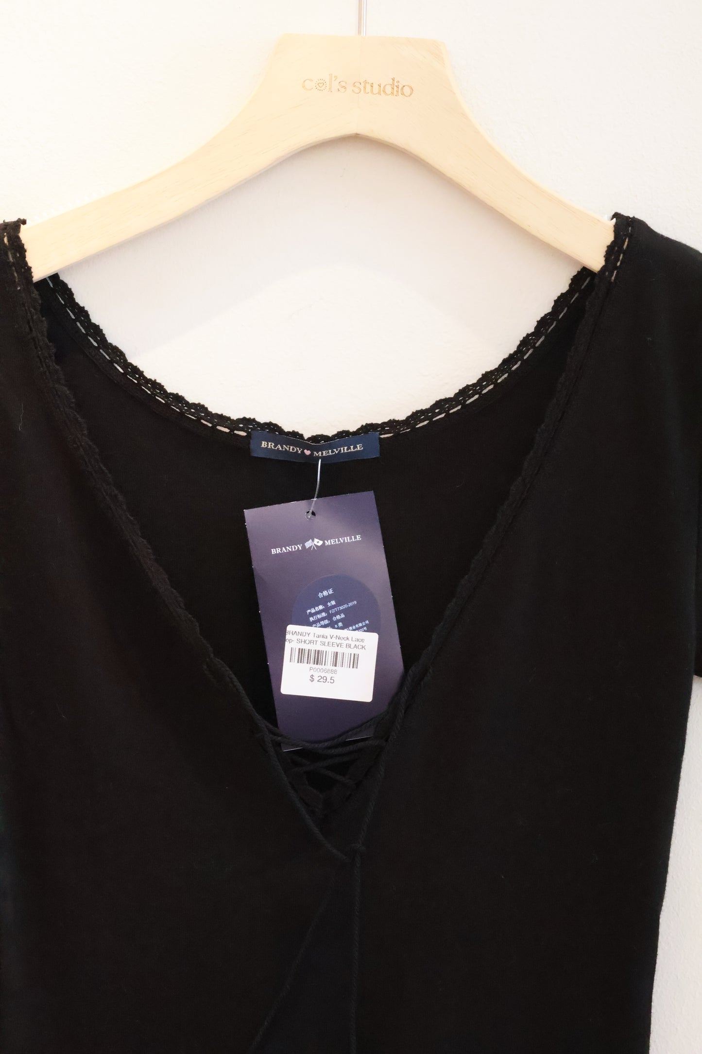 BRANDY Tania V-Neck Lace Top- SHORT SLEEVE  -BLACK