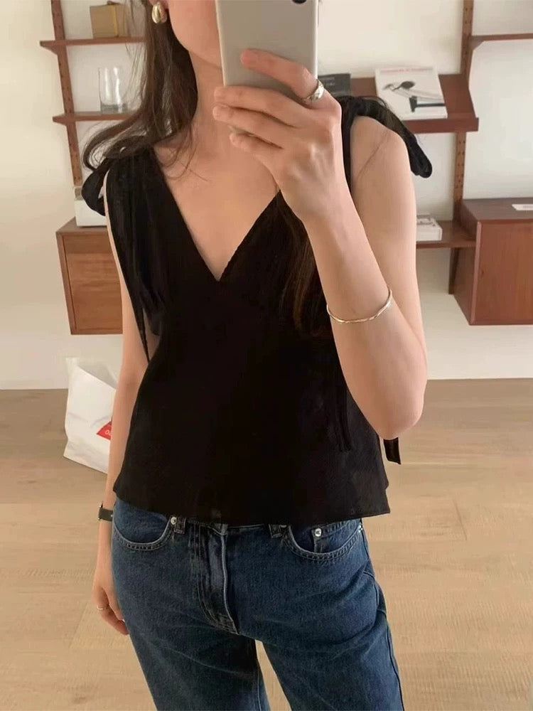 Thin strap tied cut v top