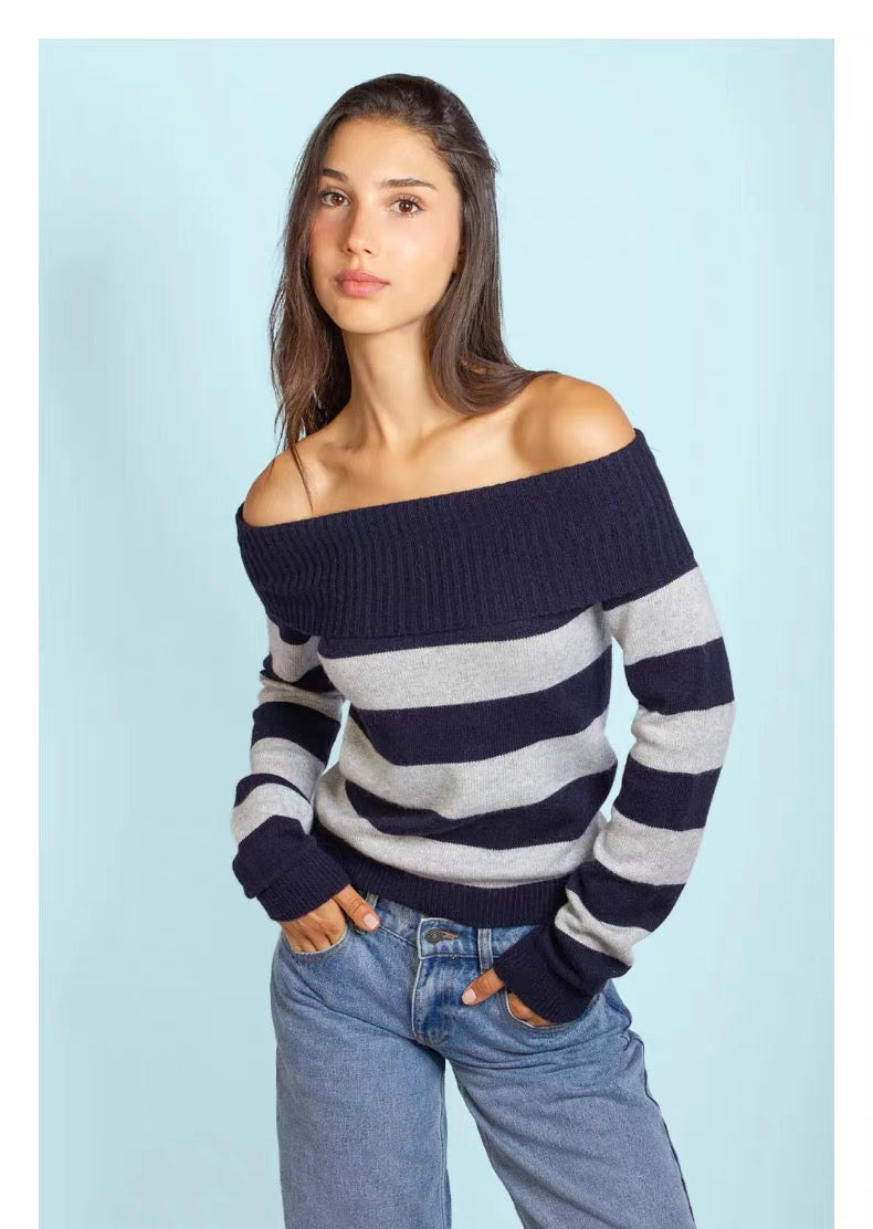 SUBDUED Off Shoulder Sweater - Blue Grey Stripe