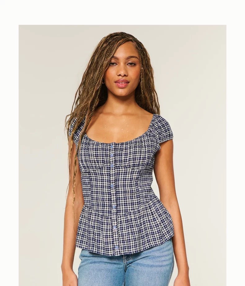 HOLLISTER Blue Plaid Puff Sleeve Top
