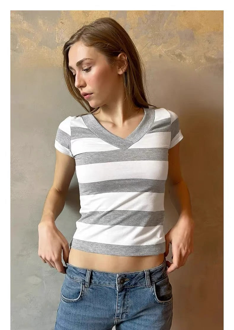 SUBDUED Striped V-Neck Tee - Grey/White Stripe