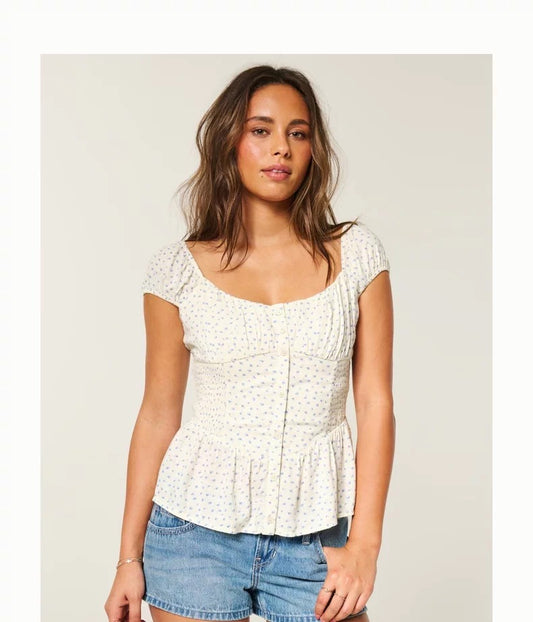 HOLLISTER White Floral Puff Sleeve Top