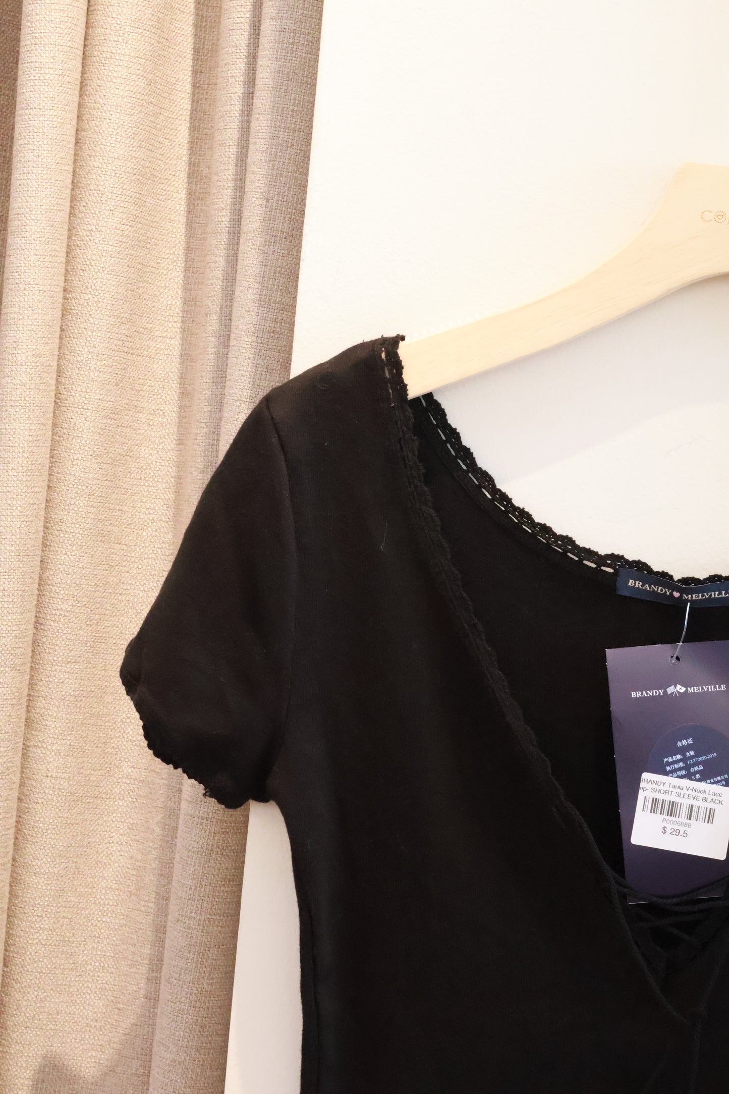 BRANDY Tania V-Neck Lace Top- SHORT SLEEVE  -BLACK