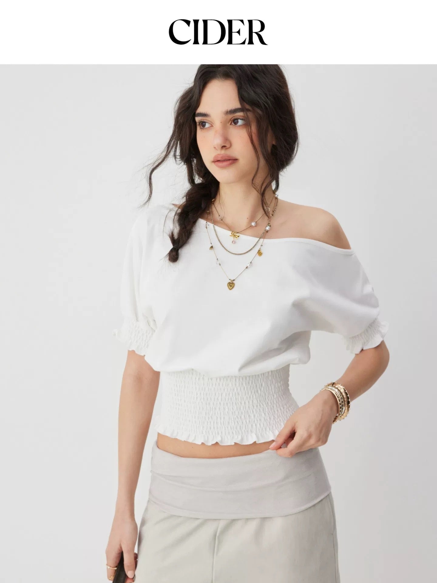 CIDER WHITE LINEN WAIST CINCH TOP