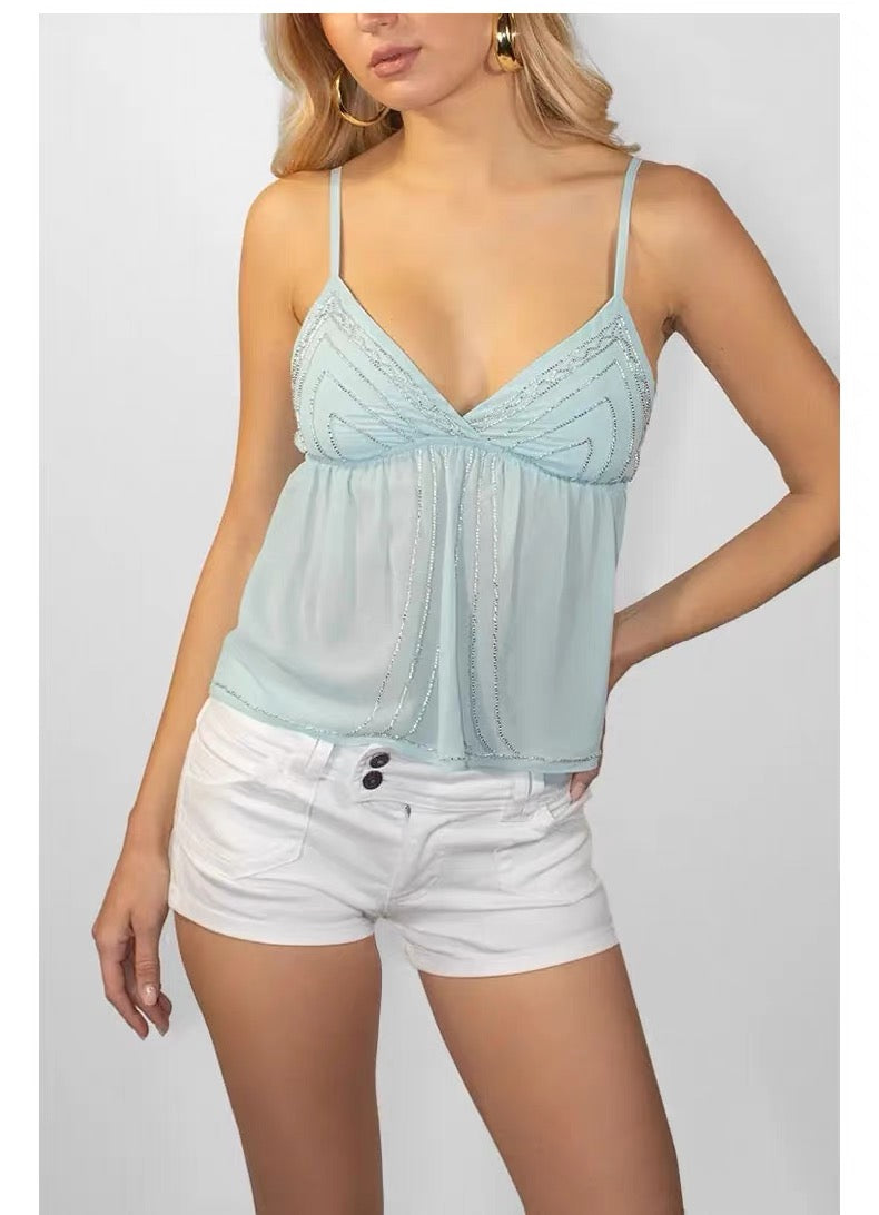 SUBDUED TEAL SEQUENCE FLOWY TOP