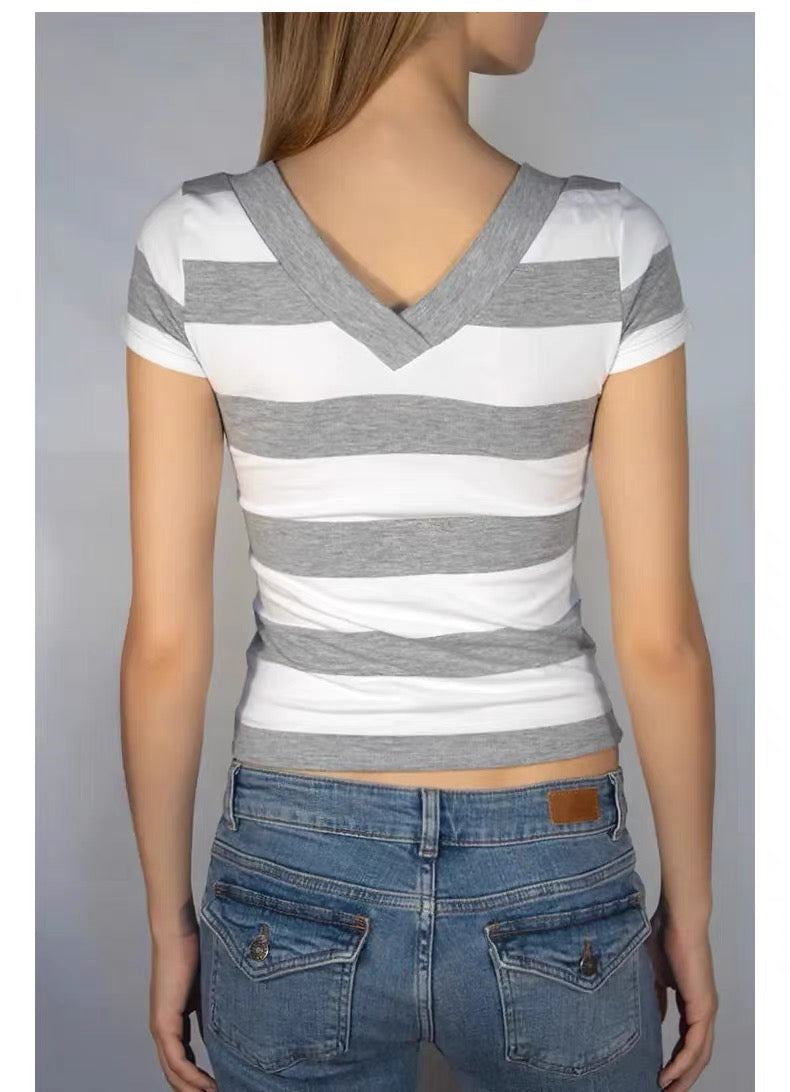 SUBDUED Striped V-Neck Tee - Grey/White Stripe