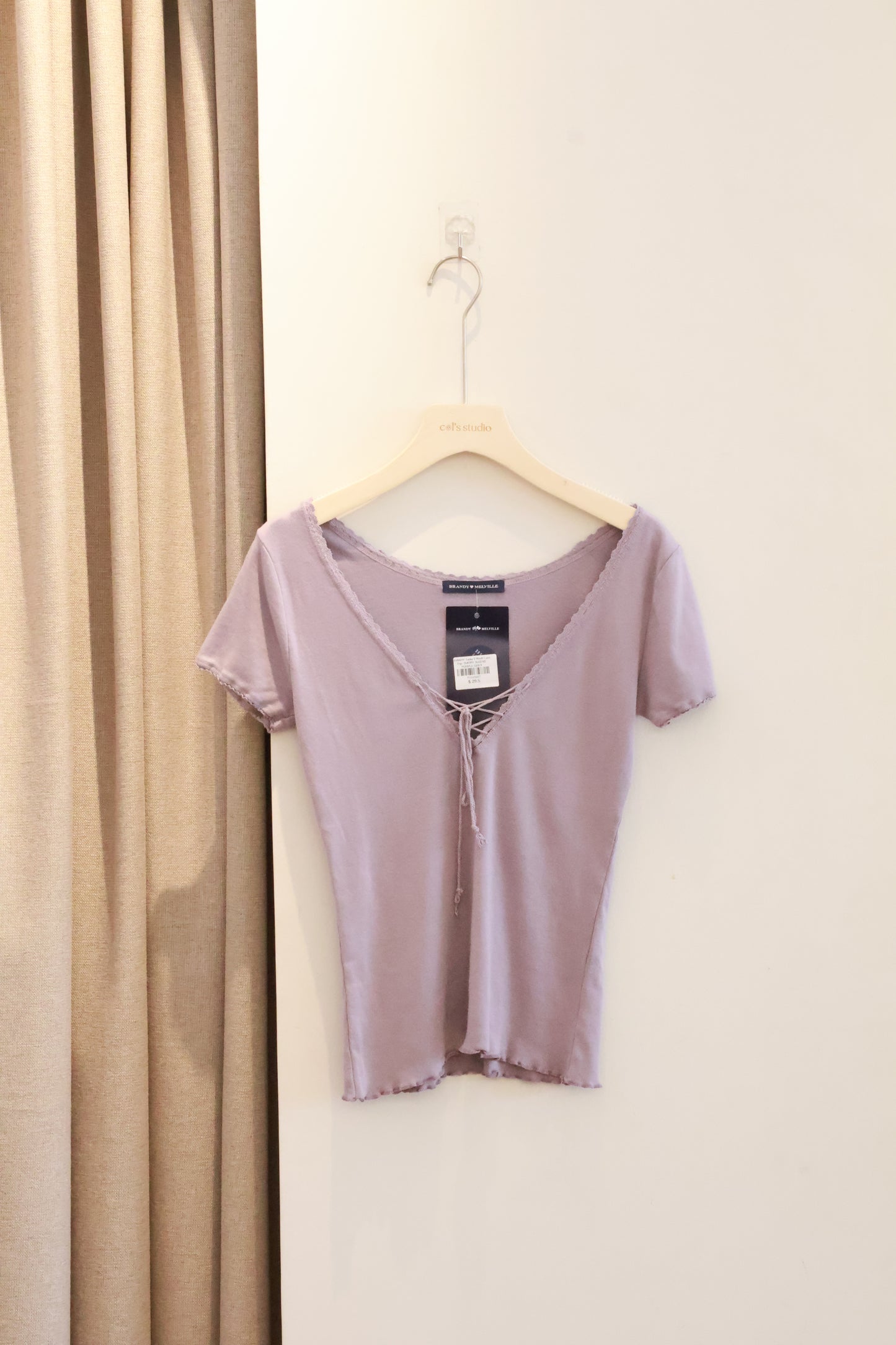 BRANDY Tania V-Neck Lace Top- SHORT SLEEVE  -PURPLE GREY