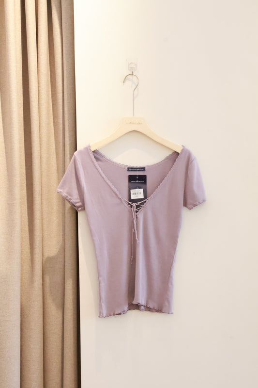 BRANDY Tania V-Neck Lace Top- SHORT SLEEVE  -PURPLE GREY