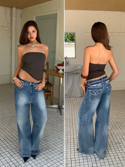 AUD Embroidered Pocket Mid-Low Waist Jeans