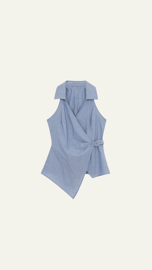 Blue striped buckled halter top
