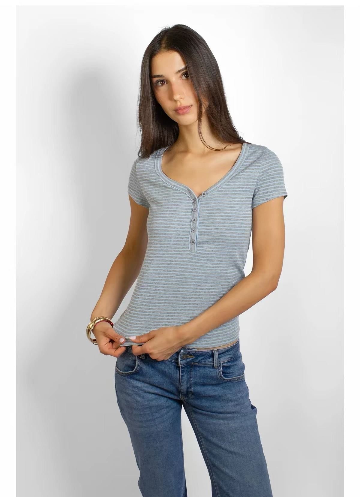 SUBDUED Blue Grey Striped Top