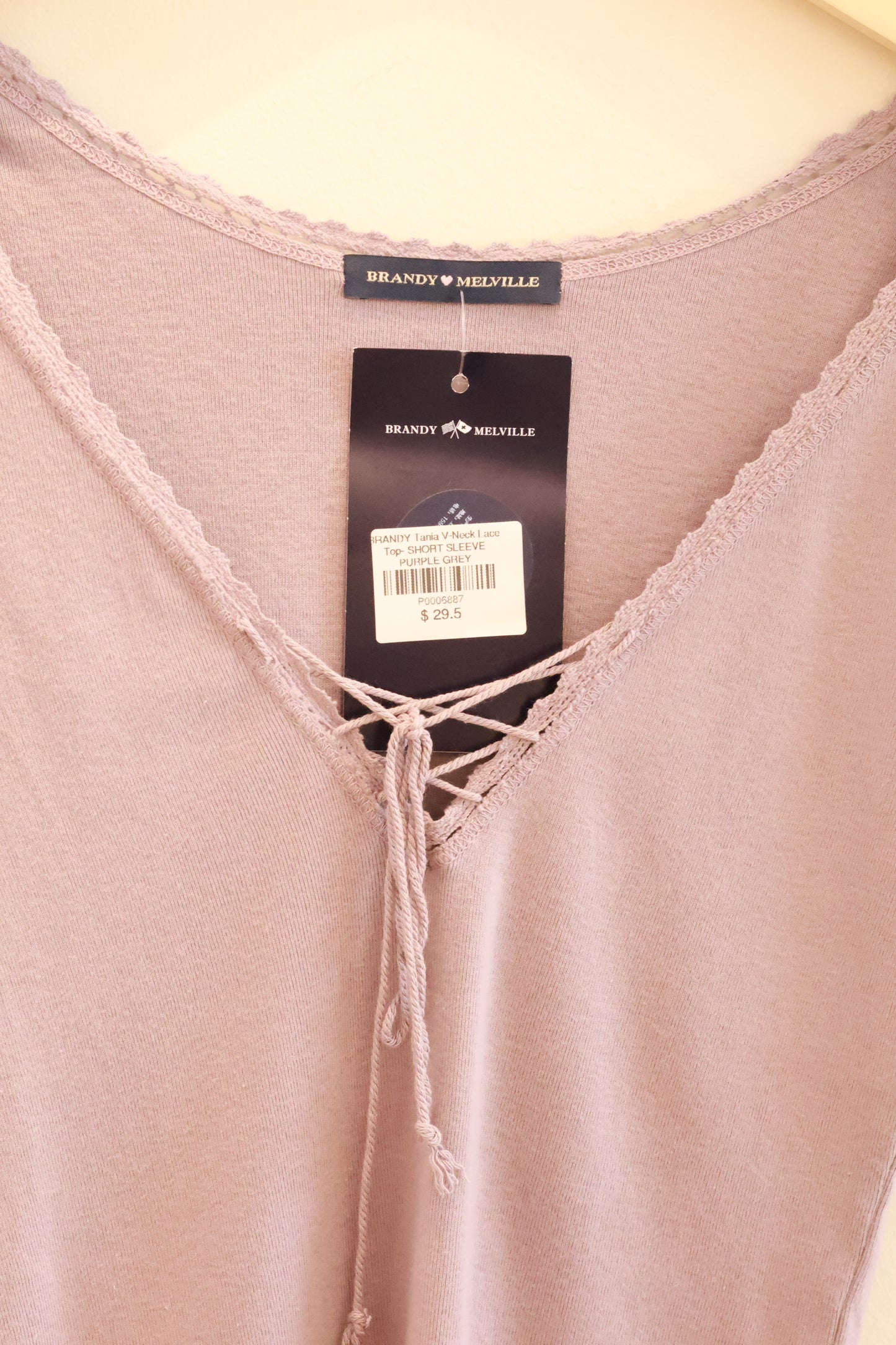 BRANDY Tania V-Neck Lace Top- SHORT SLEEVE  -PURPLE GREY
