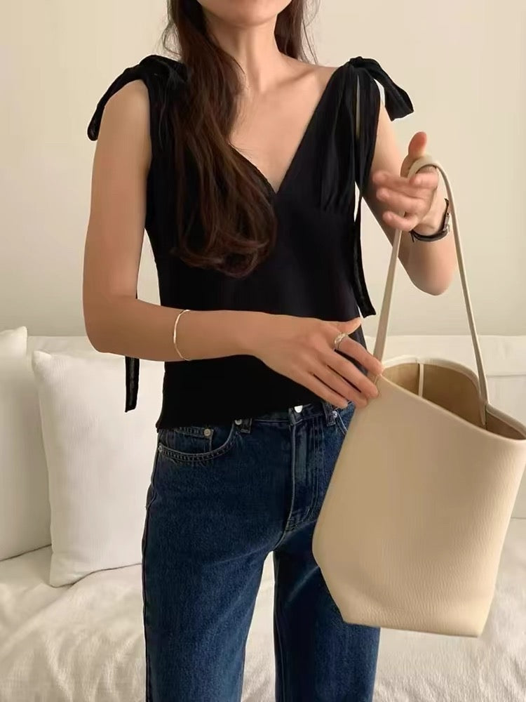 Thin strap tied cut v top