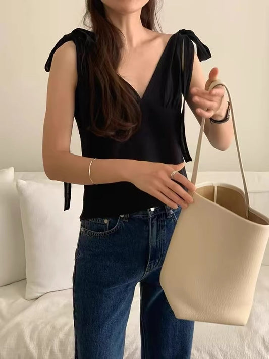 Thin strap tied cut v top