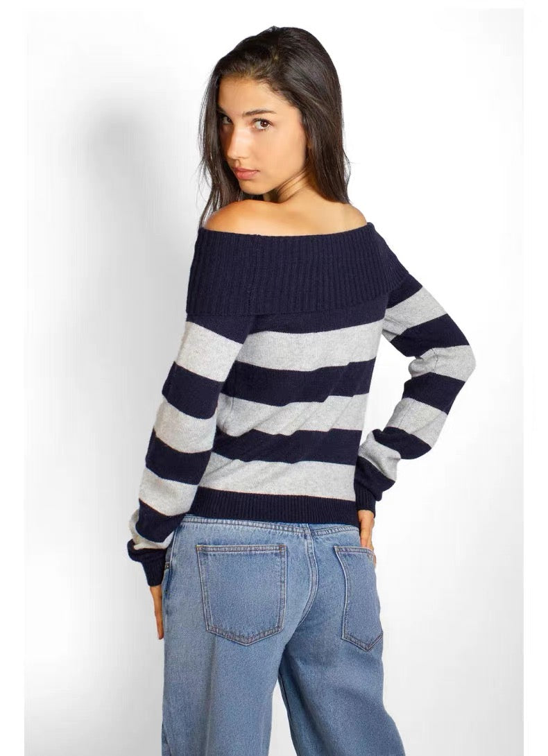 SUBDUED Off Shoulder Sweater - Blue Grey Stripe