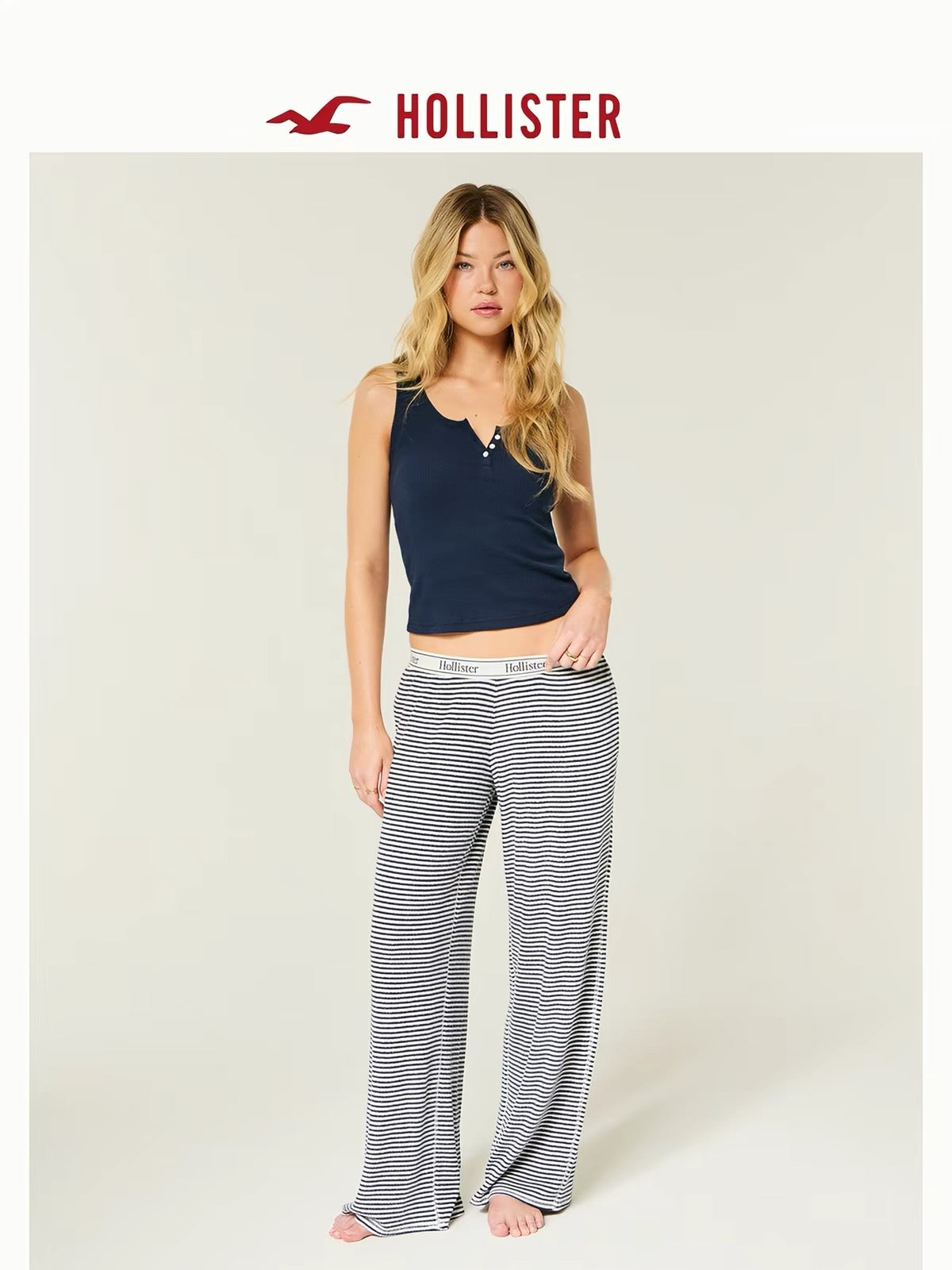 HOLLISTER Logo Striped Lounge Pants - Navy Blue Stripe