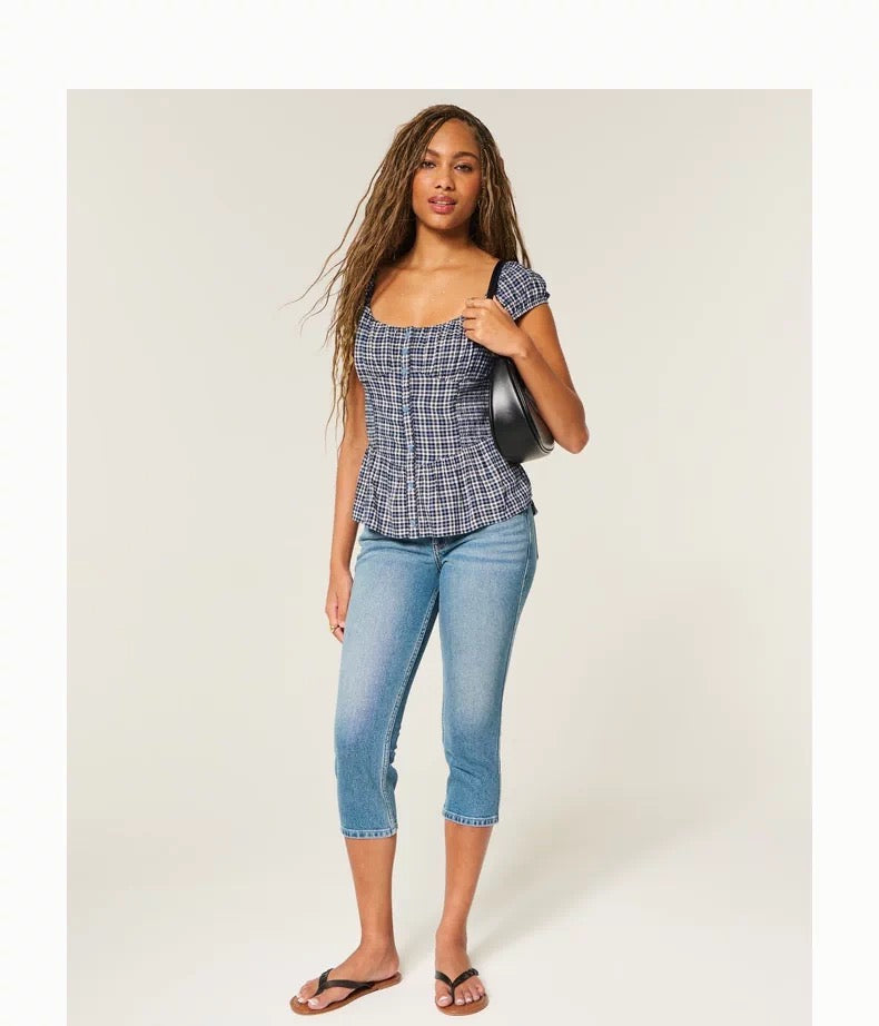 HOLLISTER Blue Plaid Puff Sleeve Top