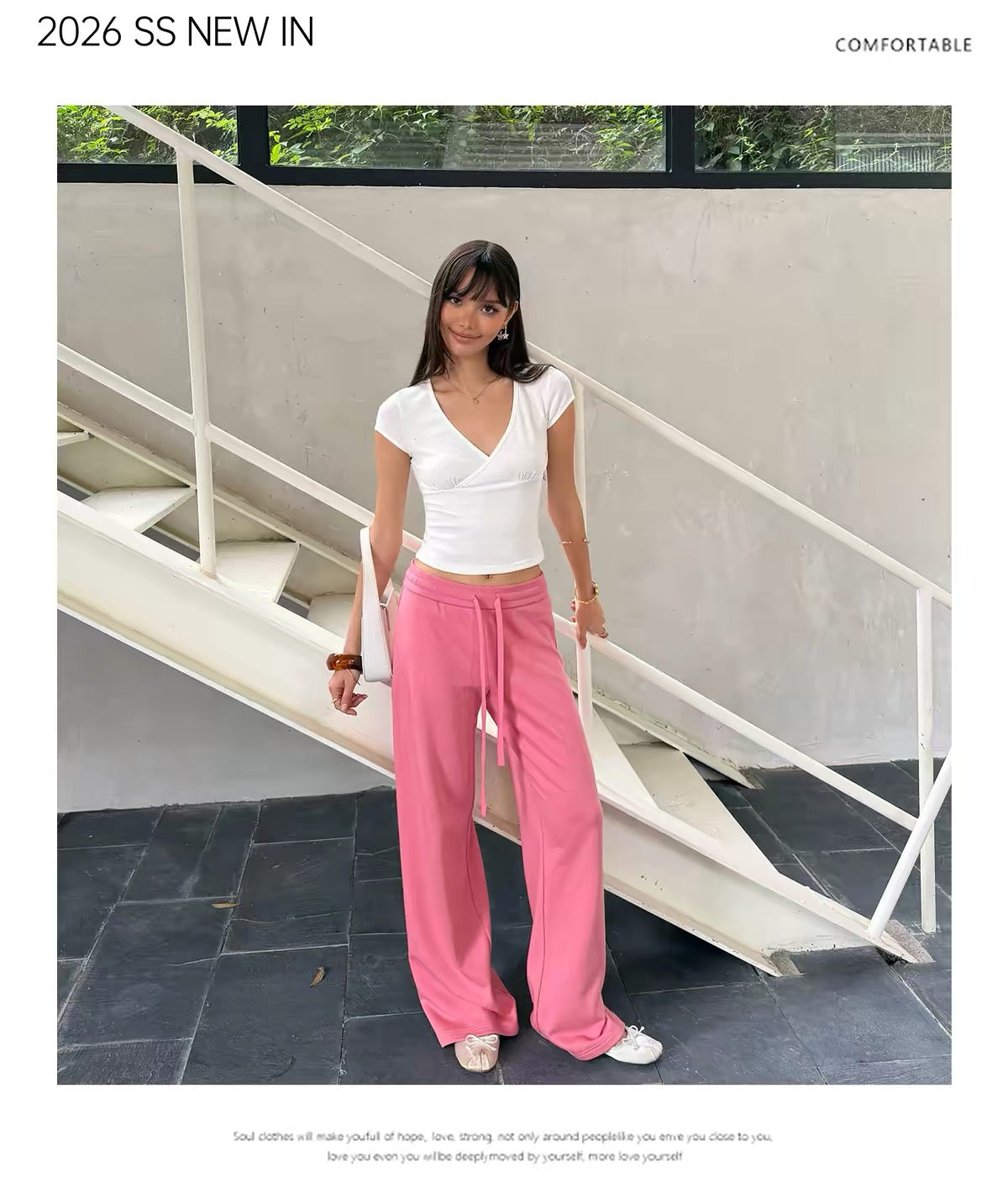 AUD Drawstring Wide-Leg Casual Pants -PINK