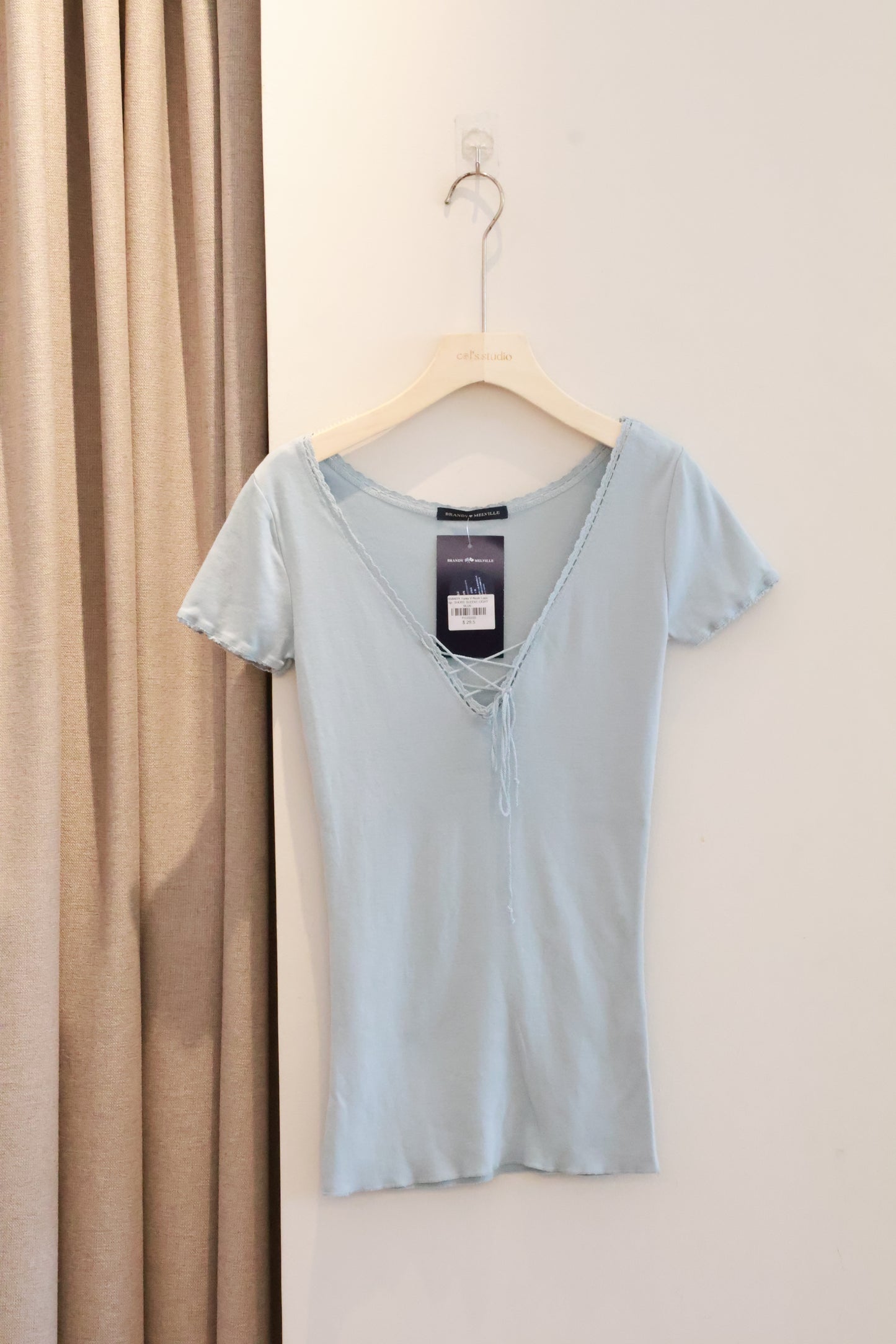 BRANDY Tania V-Neck Lace Top- SHORT SLEEVE  -LIGHT BLUE