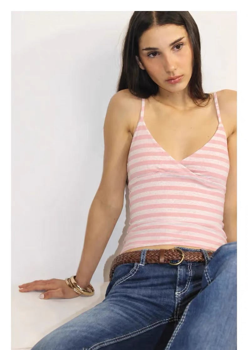 SUBDUED Striped V-Neck Tank - Pink Stripe