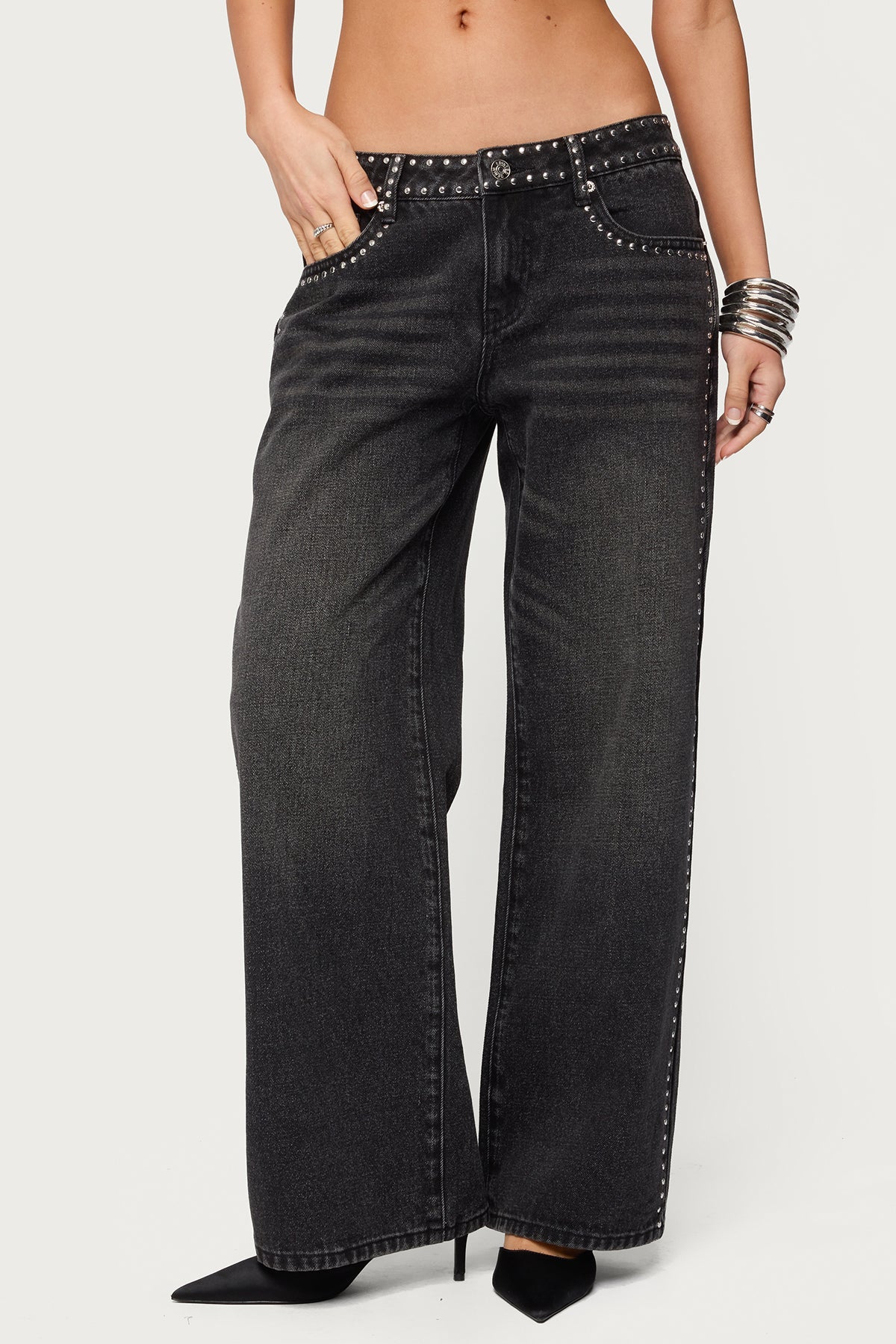 Edikted Petite Quincy Studded Low Rise Baggy Jeans