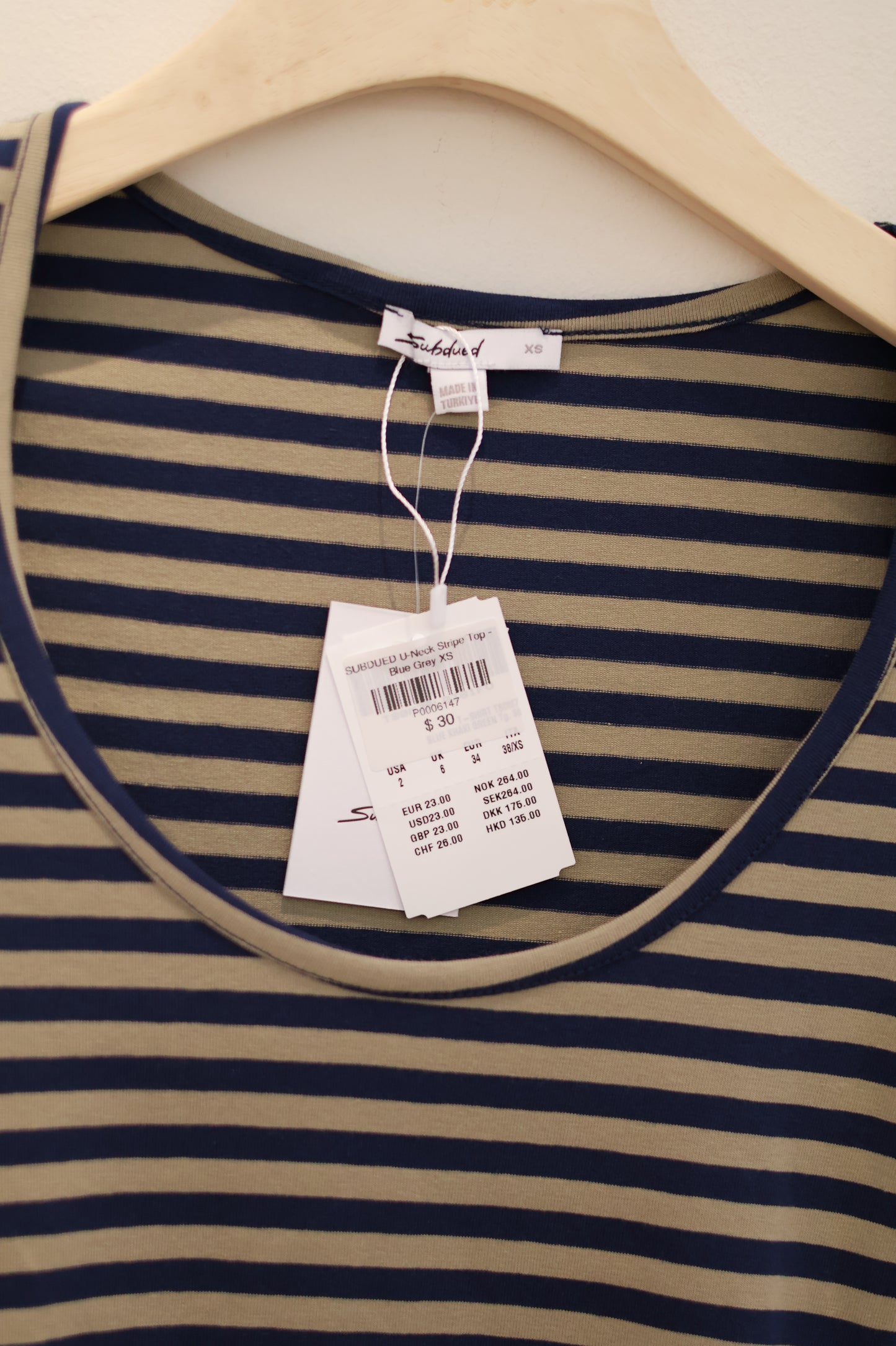SUBDUED U-Neck Stripe Top - Blue Grey