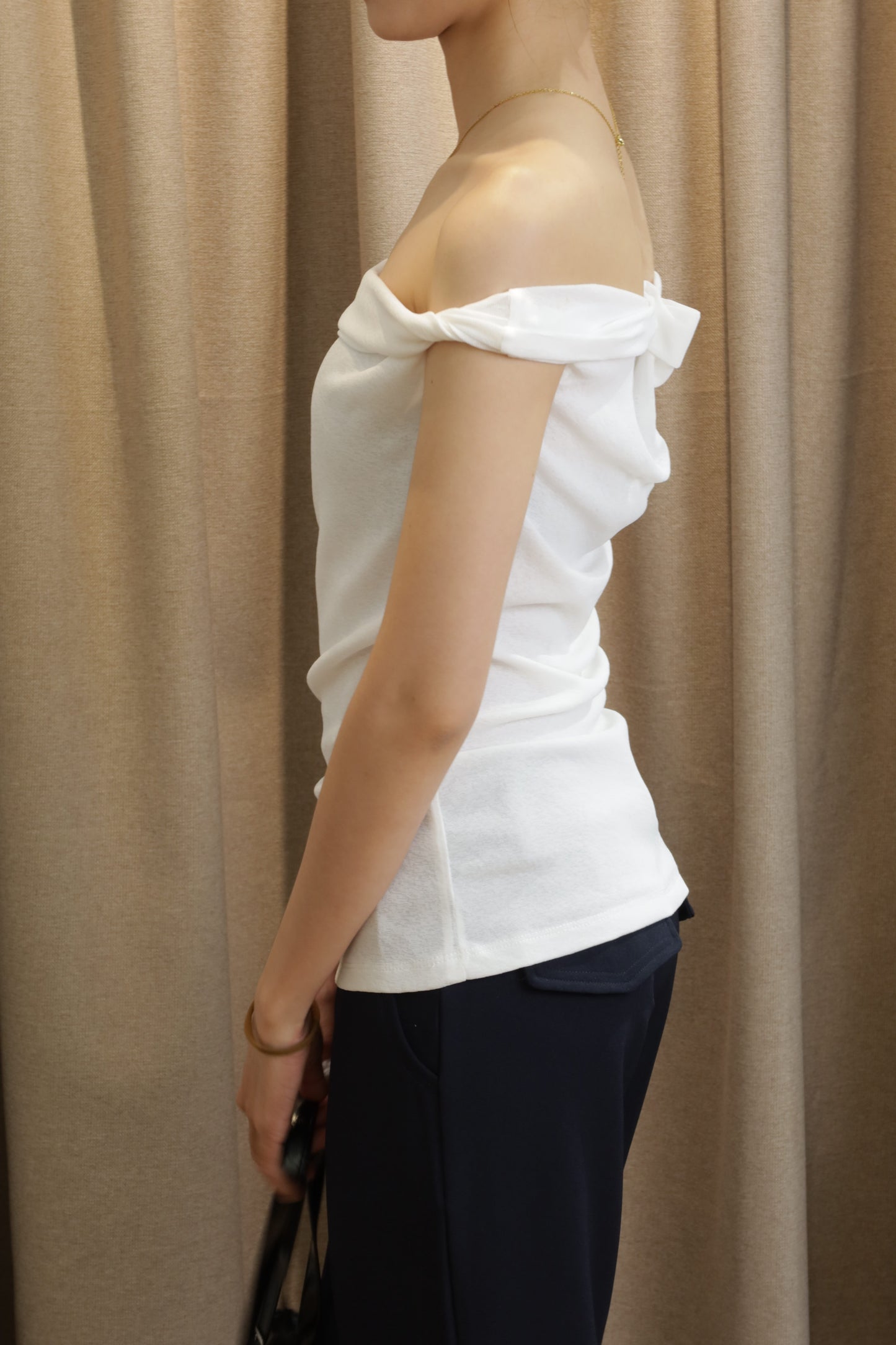 Short sleeve twist off shoulder