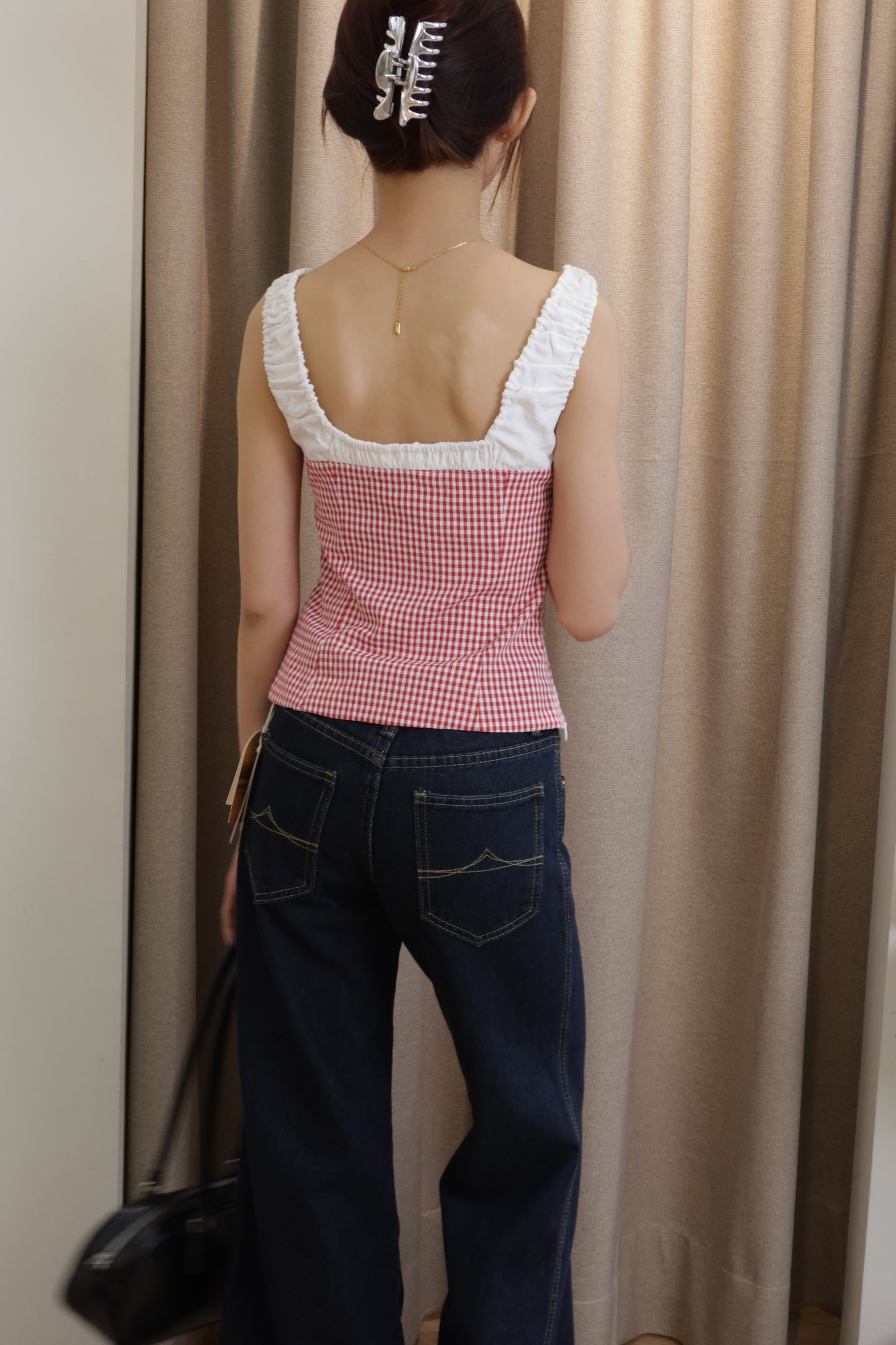 Red gingham white accent top