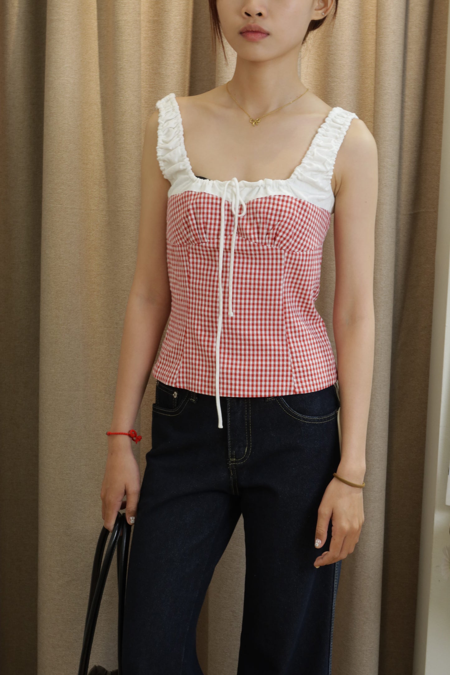 Red gingham white accent top