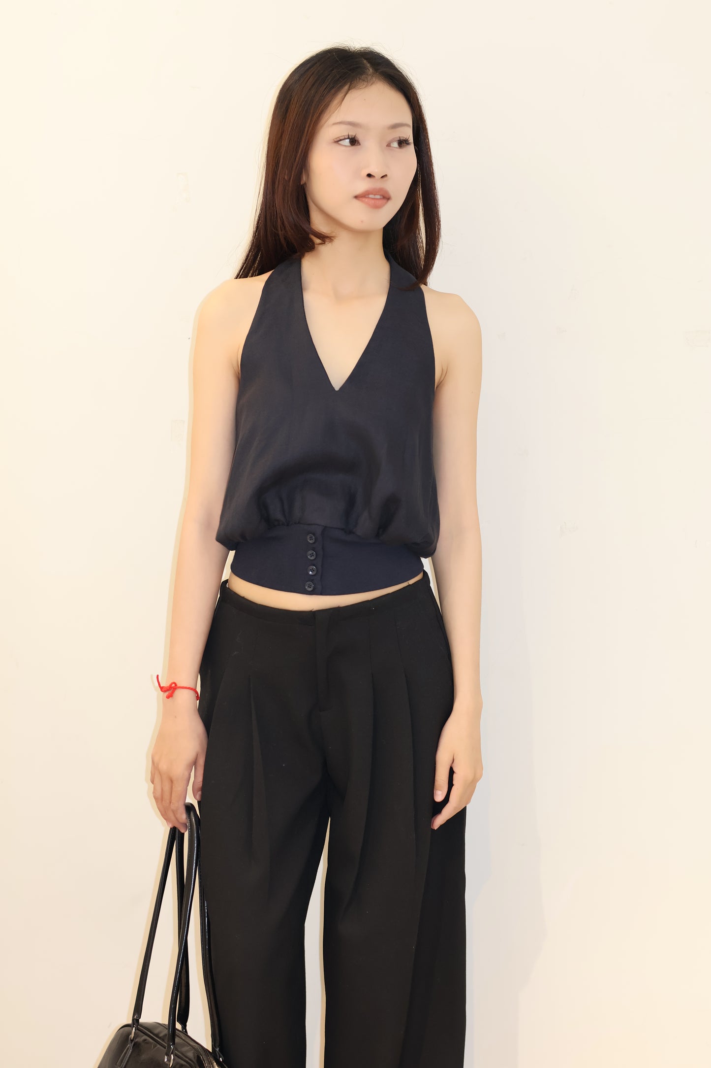 NAVY HALTER WAIST CINCH TOP