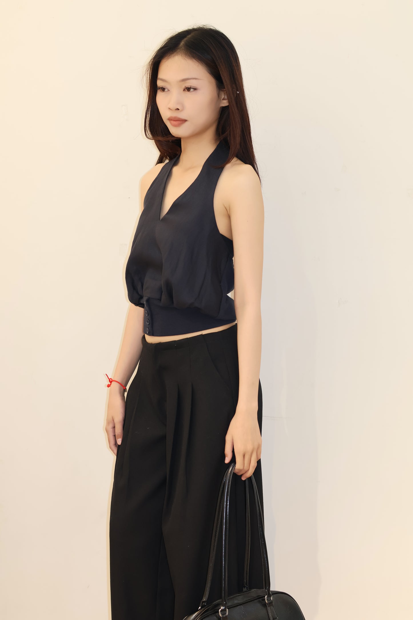 NAVY HALTER WAIST CINCH TOP