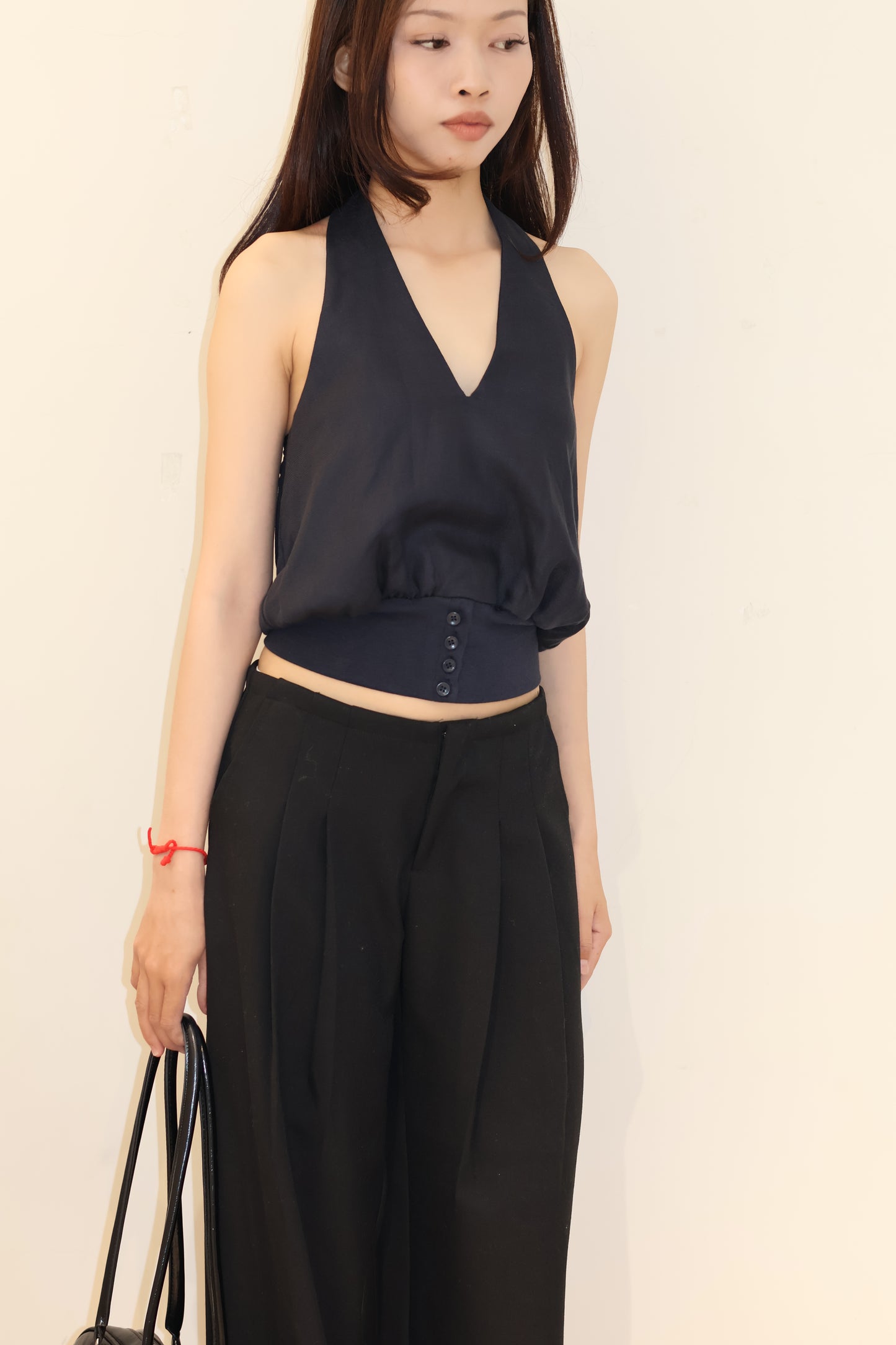 NAVY HALTER WAIST CINCH TOP