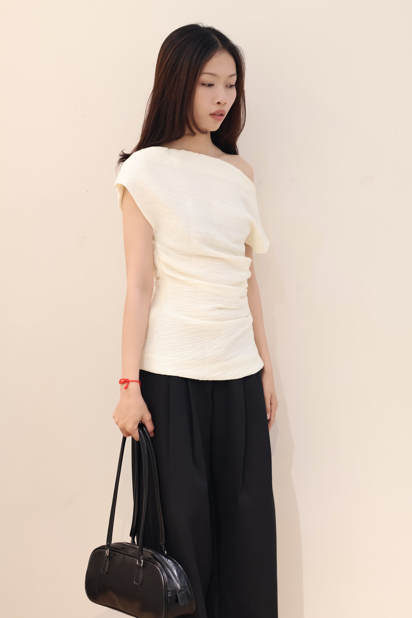 BEIGE PLEATS OFF SHOULDER TOP