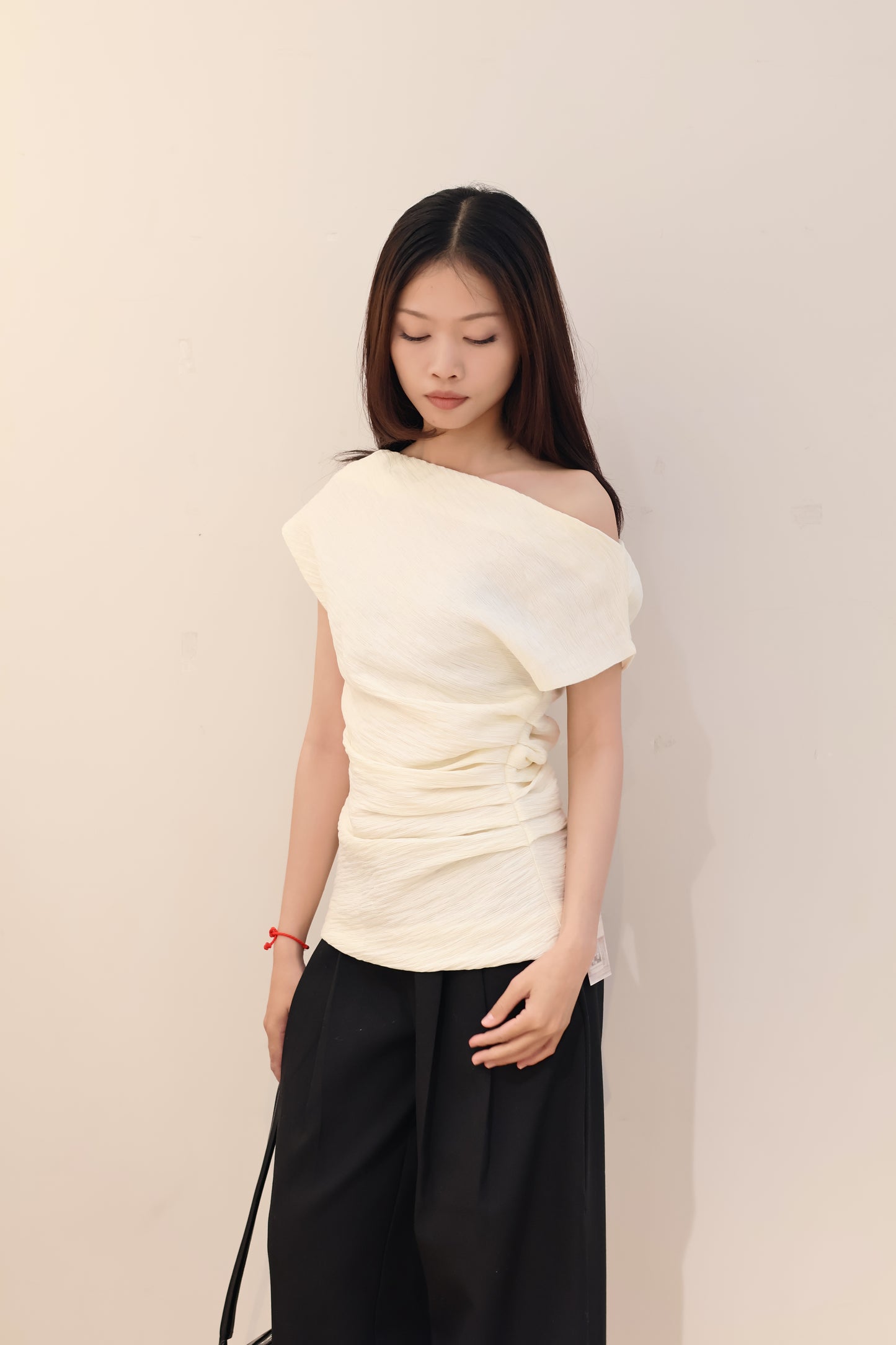 BEIGE PLEATS OFF SHOULDER TOP